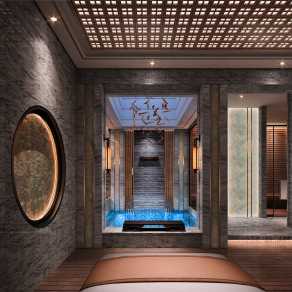 新中式禅意会所SPA游泳池艺术吊灯壁灯格栅吊顶